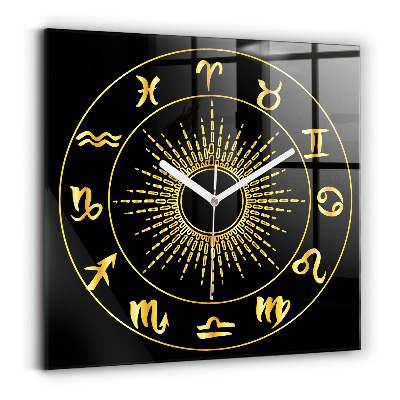 Reloj de pared cuadrado Signos del zodiaco dorados sobre fondo negro