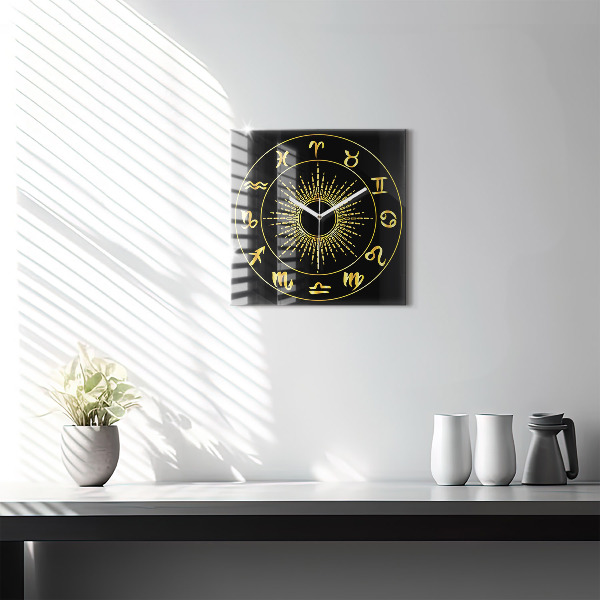 Reloj de pared cuadrado Signos del zodiaco dorados sobre fondo negro
