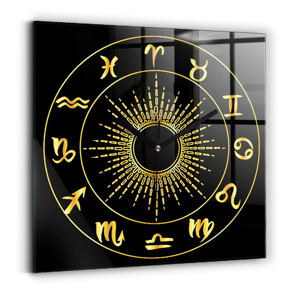 Reloj de pared cuadrado Signos del zodiaco dorados sobre fondo negro
