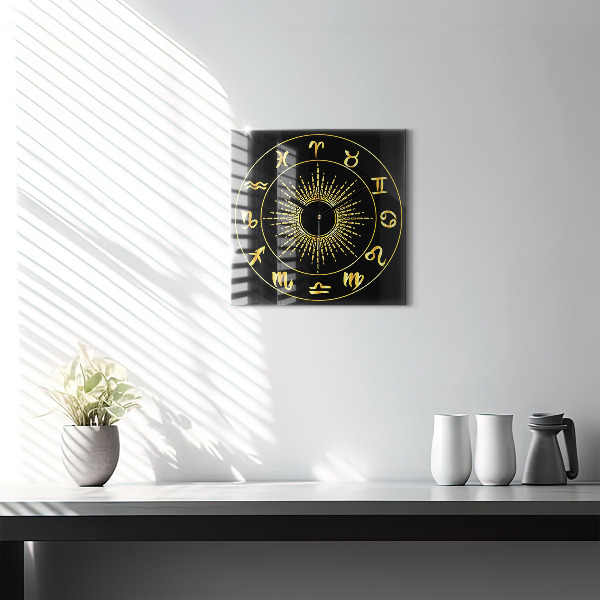 Reloj de pared cuadrado Signos del zodiaco dorados sobre fondo negro