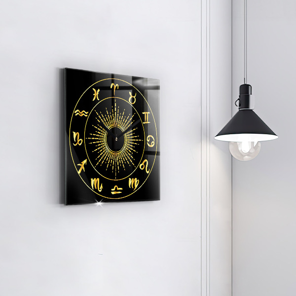 Reloj de pared cuadrado Signos del zodiaco dorados sobre fondo negro