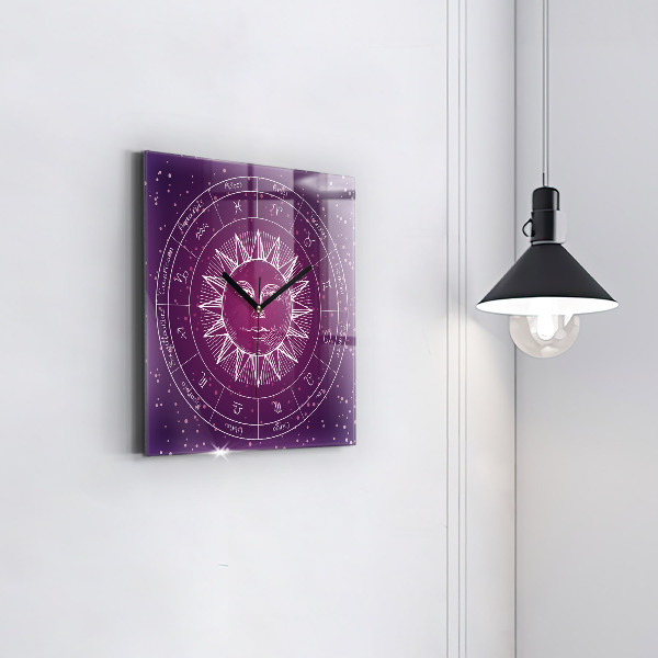 Reloj de pared cuadrado Las constelaciones del zodiaco sobre fondo morado